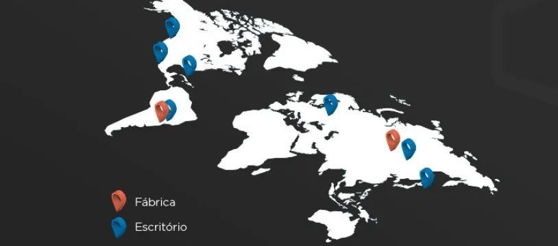 Mapa da fácrica, escritório e parceiros no mundo da ELG